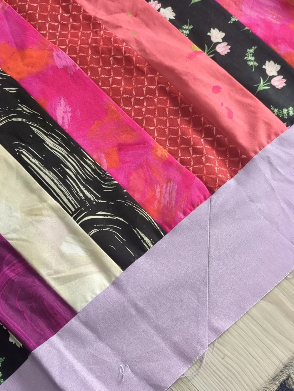 Handmade Unfinished Quilt Top UFO Modern Strip Quilt Purple Pink 49.5 x 62.5